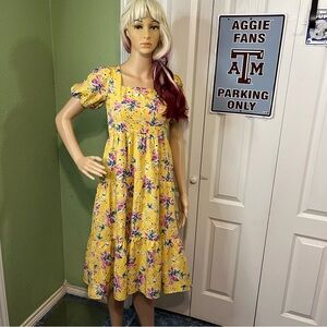 Mimix Floral Print Puff Sleeve MIDI Dress